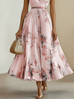 FJØRNA women's white sleeveless pleated dress with printed V-neck design, stylish and feminine fashion dress.
