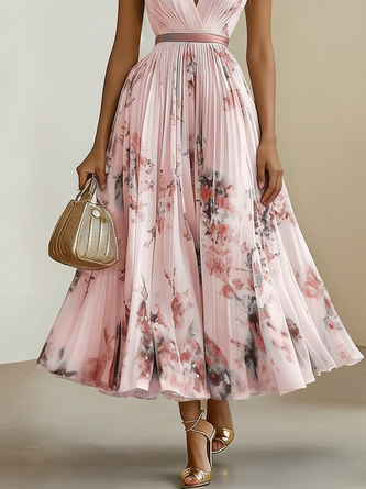 FJØRNA women's white sleeveless pleated dress with printed V-neck design, stylish and feminine fashion dress.