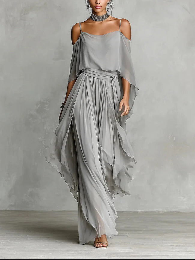 FJØRNA women's summer two-piece chiffon off-shoulder co-ord set featuring a stylish and breathable design for warm weather.