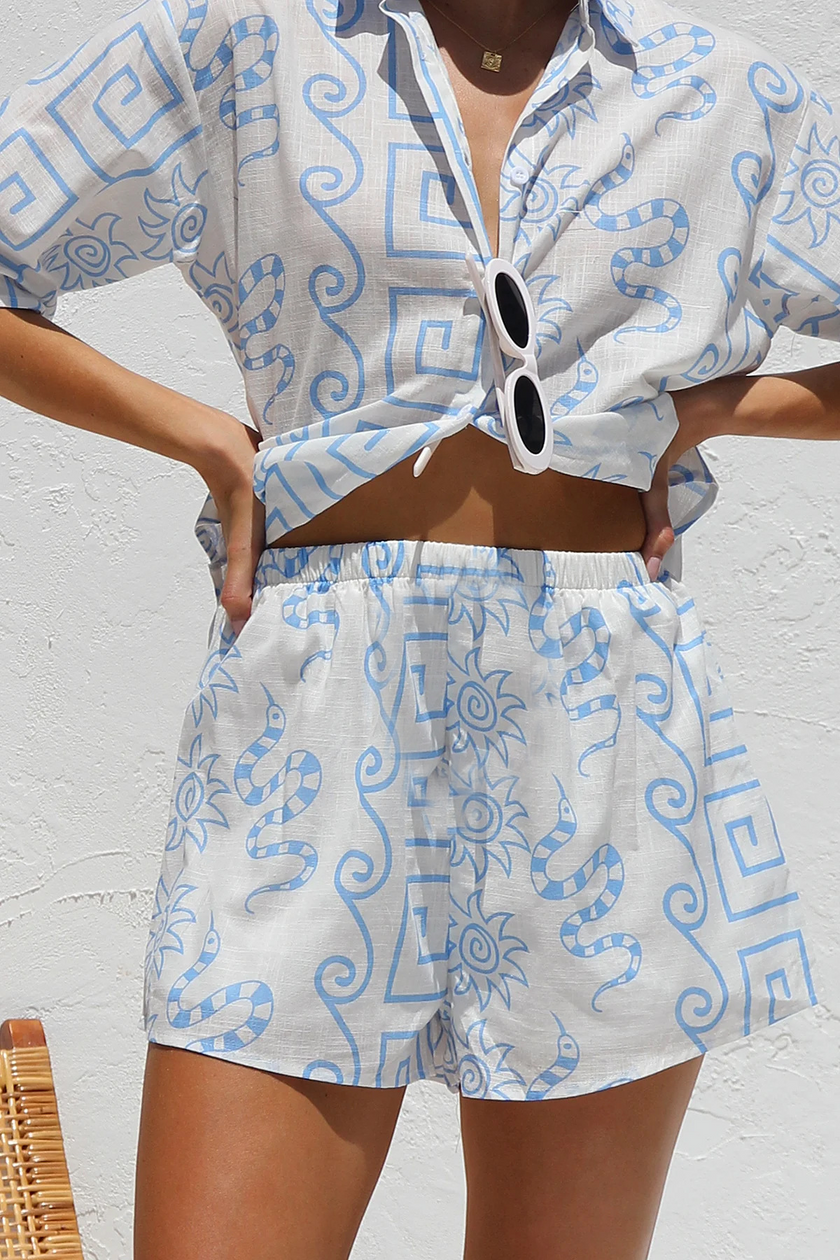 FJØRNA linen blend co-ord set for women featuring stylish tops with a relaxed fit and natural fabric texture.