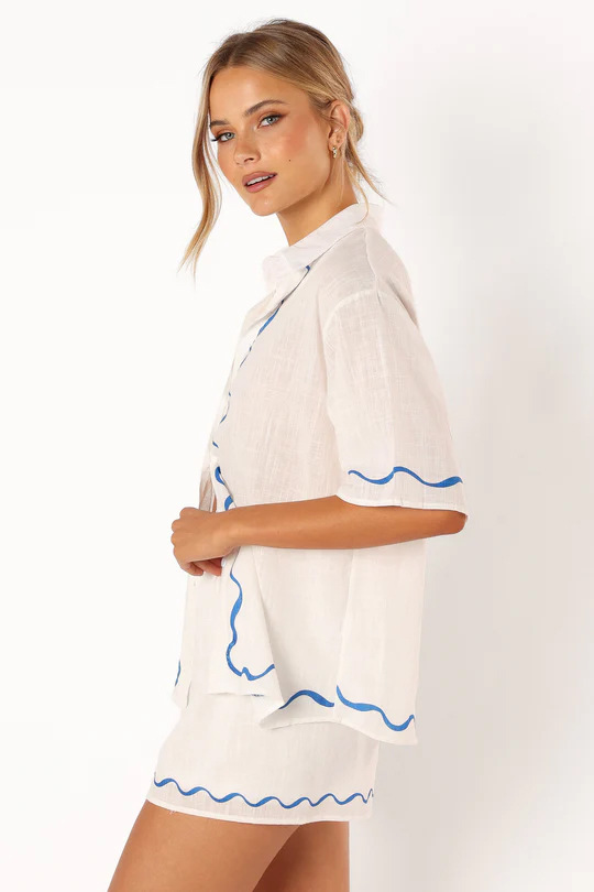 FJØRNA linen blend co-ord set for women featuring stylish tops with a relaxed fit and natural fabric texture.