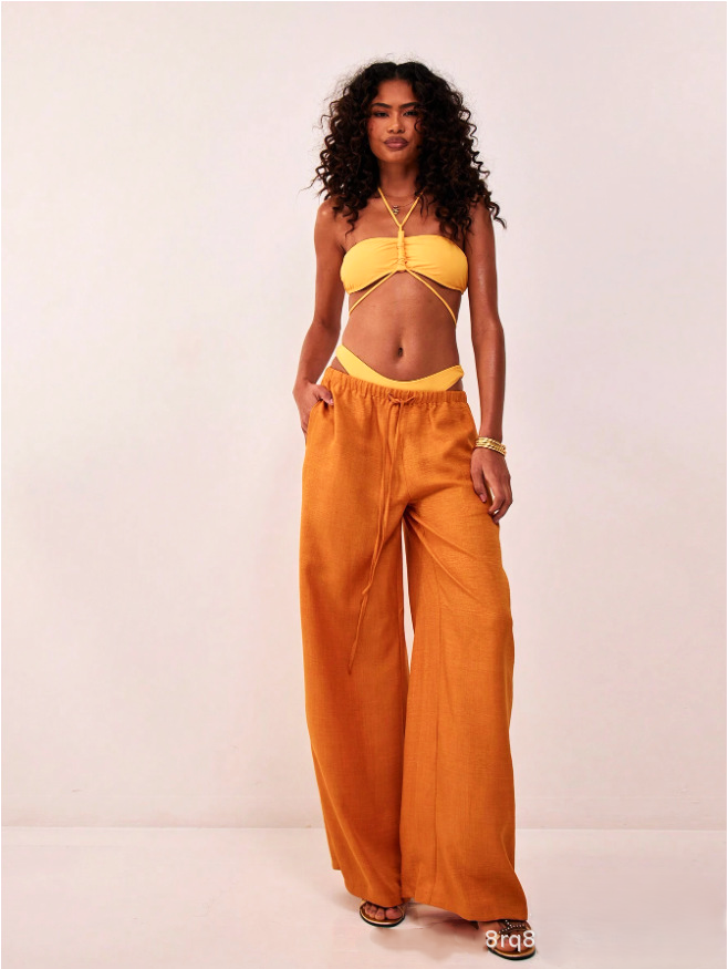 FJØRNA linen blend wide leg trousers for women with drawstring waist, casual and comfortable pants in natural fabric.