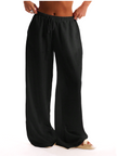 FJØRNA linen blend wide leg women's trousers with drawstring waist, relaxed fit, and casual style.