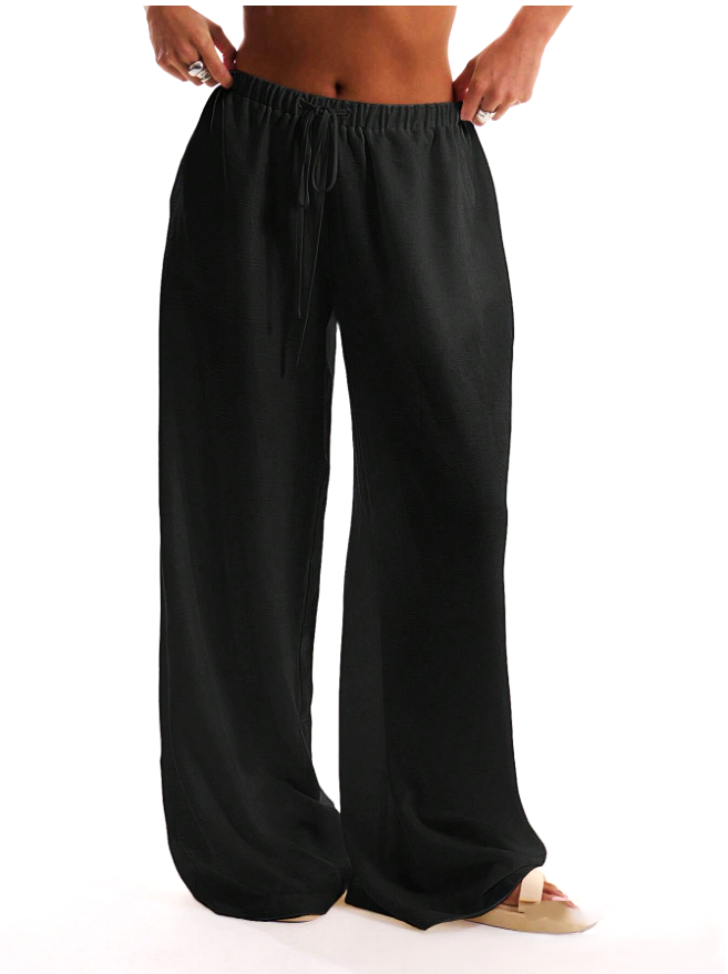 FJØRNA linen blend wide leg women's trousers with drawstring waist, relaxed fit, and casual style.