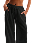 FJØRNA linen blend wide leg trousers for women with drawstring waist, relaxed fit, and lightweight fabric.