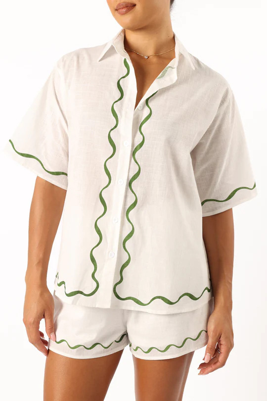 FJØRNA women's linen blend co-ord set with stylish tops, featuring lightweight, breathable fabric and a relaxed fit.