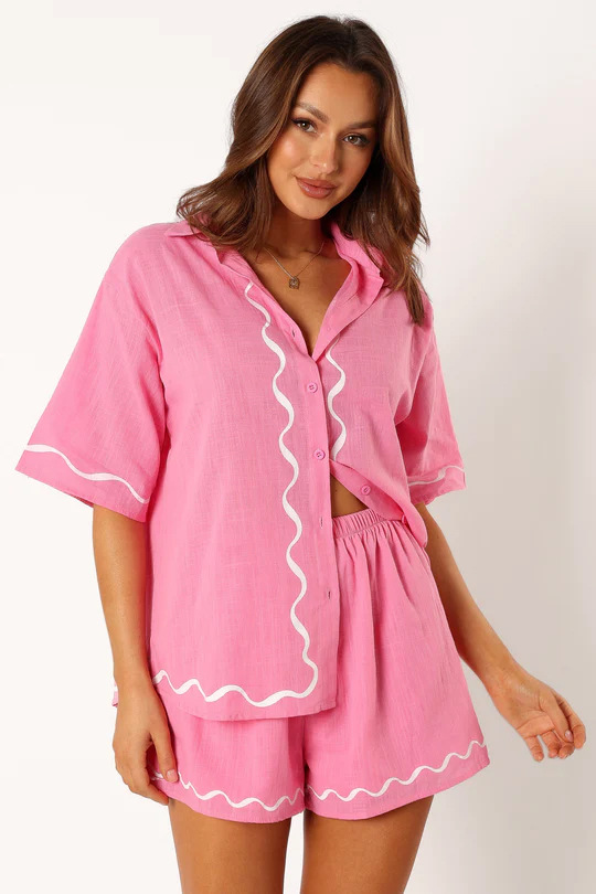 FJØRNA linen blend co-ord set for women with stylish tops, featuring lightweight, breathable fabric and modern design.