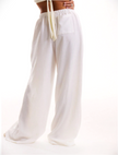 FJØRNA linen blend wide-leg women's trousers with drawstring waist, lightweight and comfortable for casual wear.