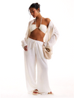 FJØRNA linen blend wide-leg trousers for women with drawstring waist, lightweight and comfortable pants, front view.