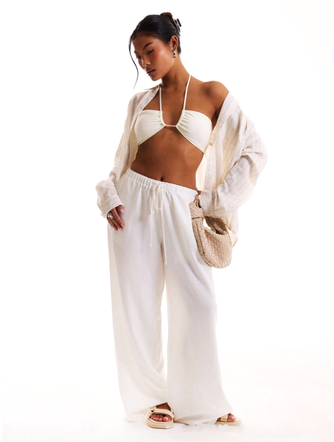 FJØRNA linen blend wide-leg trousers for women with drawstring waist, lightweight and comfortable pants, front view.