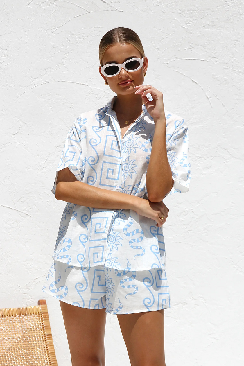 FJØRNA linen blend co-ord set for women featuring stylish tops with a relaxed fit and natural fabric texture.