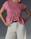FJØRNA women's linen peplum blouse with long sleeves and V-neck, soft beige fabric, stylish and breathable top for women.