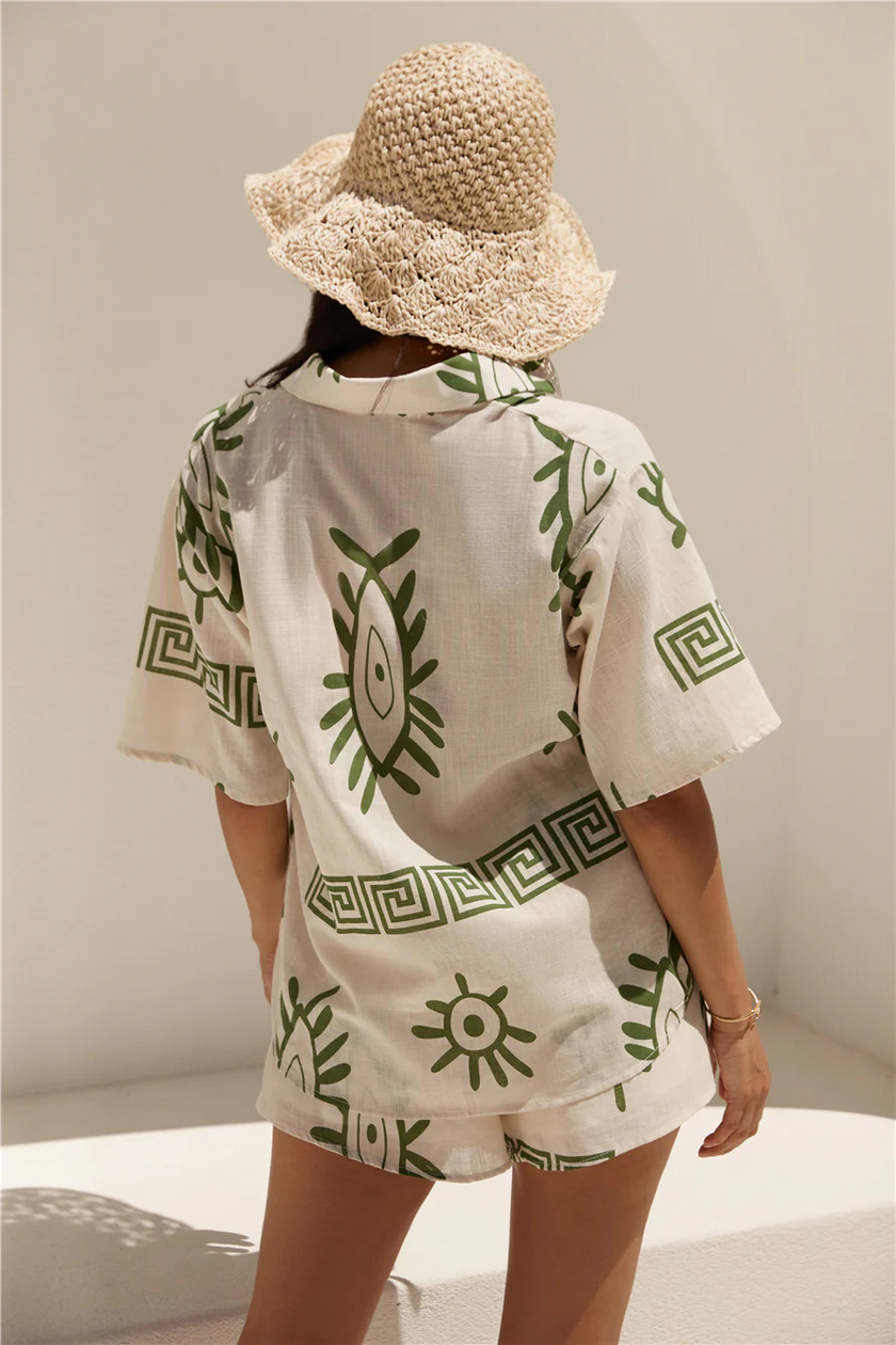 FJØRNA linen blend co-ord set for women with stylish tops, featuring lightweight fabric and relaxed fit in natural linen tones.