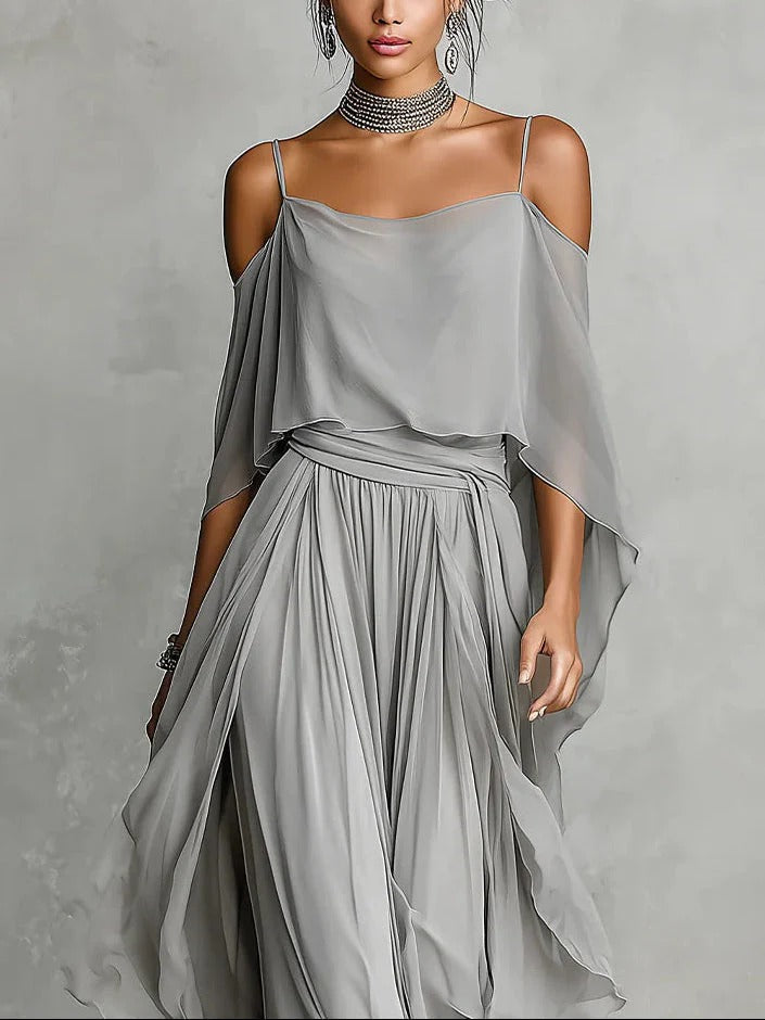 FJØRNA women’s summer two-piece chiffon off-shoulder co-ord set, lightweight and stylish for warm-weather wear.
