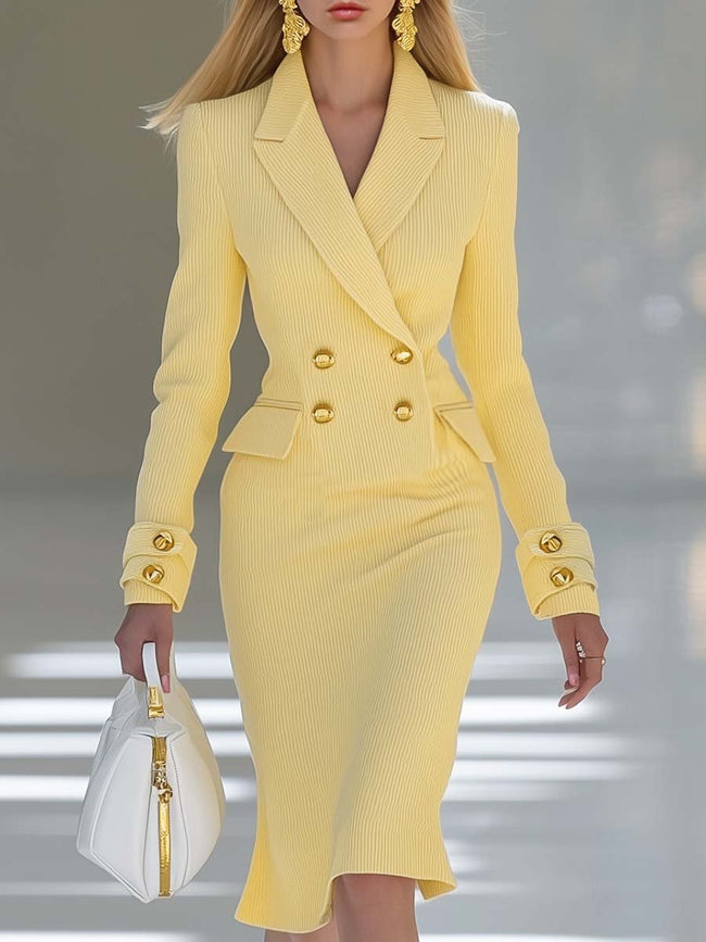 Yellow knit V-neck midi dress by FJØRNA, featuring a stylish V-neckline and comfortable knit fabric, perfect for evening wear.