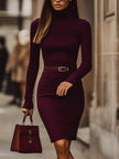FJØRNA burgundy high-stretch cotton dress with turtleneck, form-fitting women's dress, stylish and sleek for casual or evening wear.