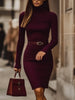 FJØRNA burgundy high-stretch cotton dress with turtleneck, form-fitting women's dress, stylish and sleek for casual or evening wear.