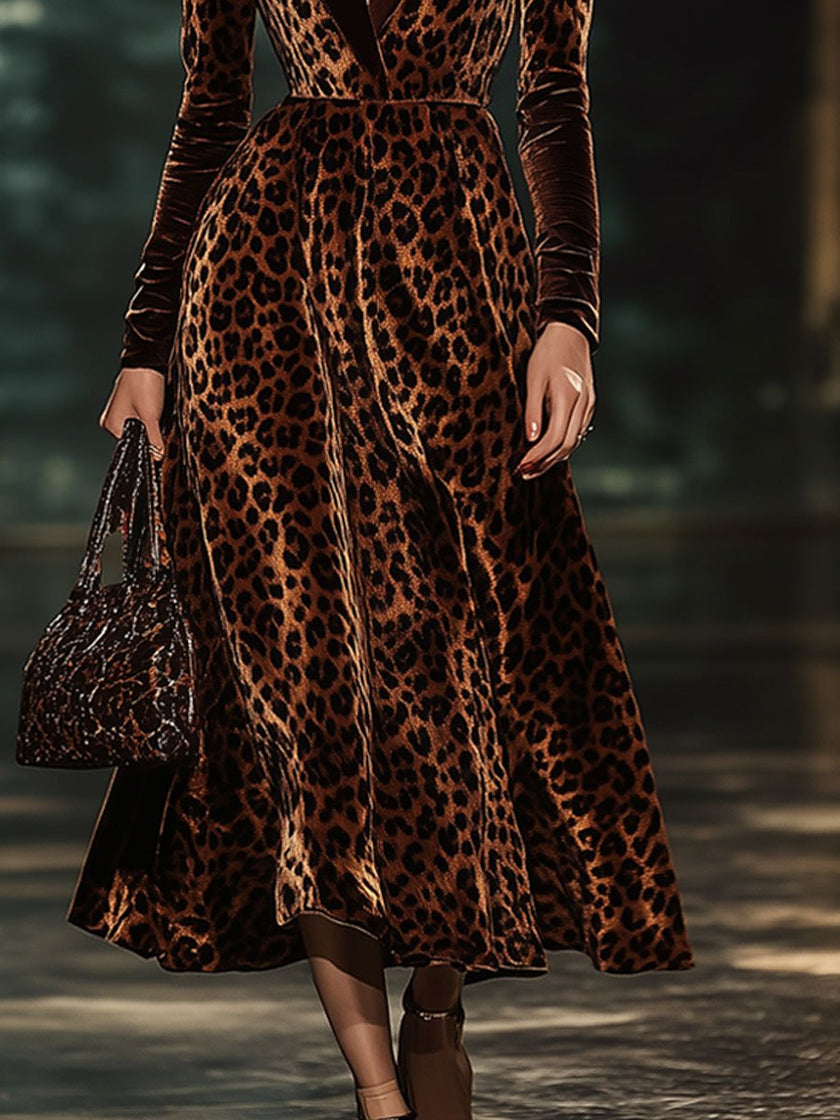 Velvet Leopard Print Midi Dress | Evening Dress