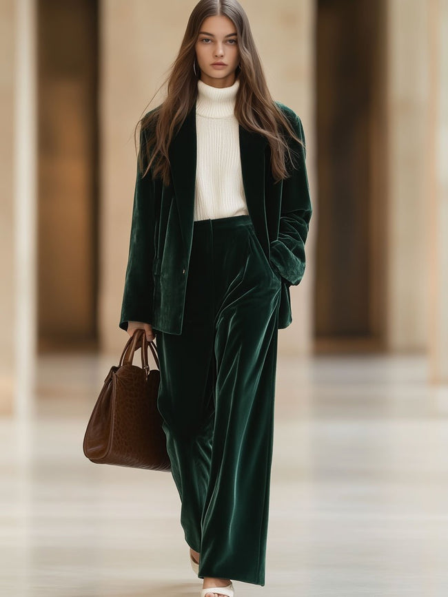 Dark green vintage velvet tailored trousers with pockets by FJØRNA, showcasing a classic fit and elegant fabric texture.