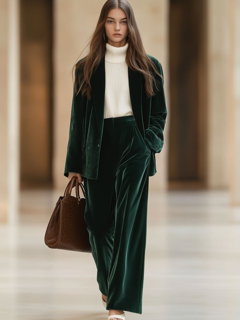 Dark green vintage velvet tailored trousers with pockets by FJØRNA, showcasing a classic fit and elegant fabric texture.