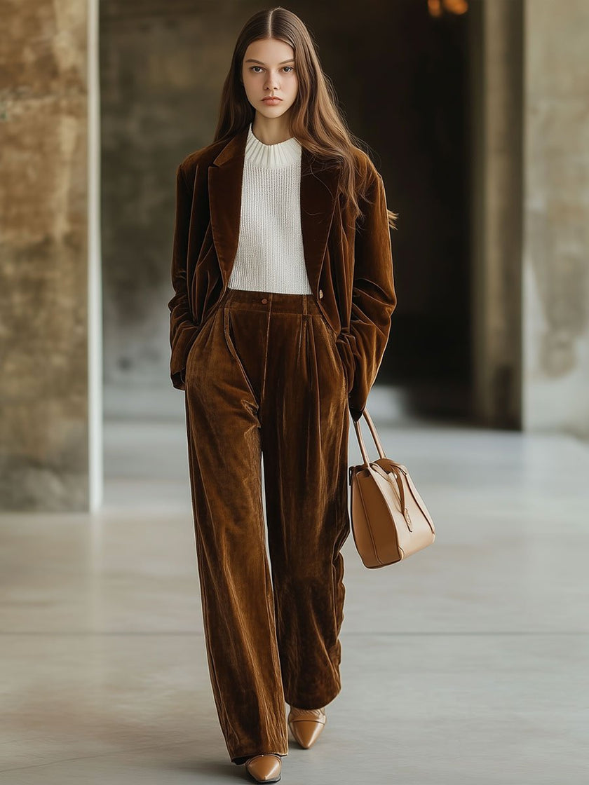 Brown vintage velvet tailored trousers with pockets from FJØRNA, featuring a classic, sophisticated fit and soft fabric texture.