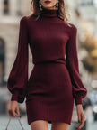Burgundy ribbed turtleneck mini dress with balloon sleeves by FJØRNA, shown on a model against a neutral background.