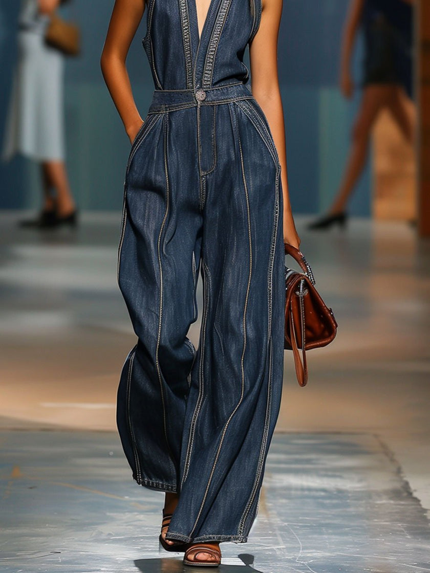 Dark blue denim FJØRNA jumpsuit with V-neck, sleeveless design and wide-leg pants, displayed on a mannequin.