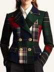 Green plaid wool blazer for women by FJØRNA, double-breasted design with lapels and tailored fit.