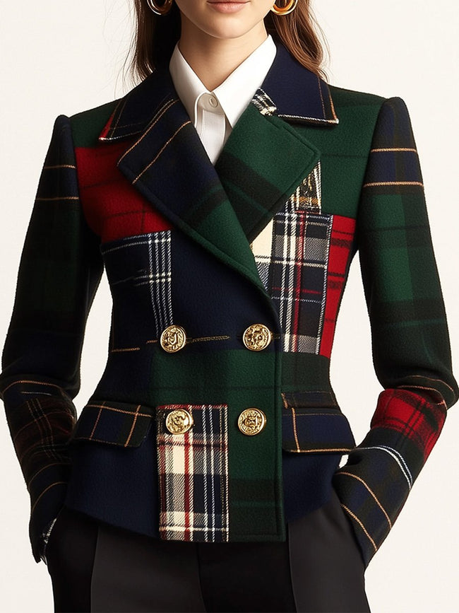 Green plaid wool blazer for women by FJØRNA, double-breasted design with lapels and tailored fit.