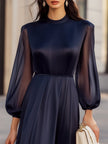 FJØRNA navy chiffon dress for women with sheer sleeves, elegant design perfect for formal occasions and evening wear.