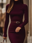 FJØRNA burgundy high-stretch cotton dress with turtleneck for women, fitted and stylish for a sleek, elegant look.