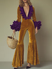 Gold velvet flared sleeve evening jumpsuit for women by FJØRNA, featuring a stylish fit and elegant flared sleeves.