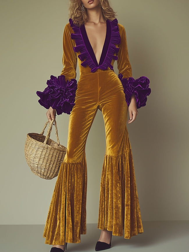 Gold velvet flared sleeve evening jumpsuit for women by FJØRNA, featuring a stylish fit and elegant flared sleeves.