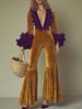 Gold velvet flared sleeve evening jumpsuit for women by FJØRNA, featuring a stylish fit and elegant flared sleeves.