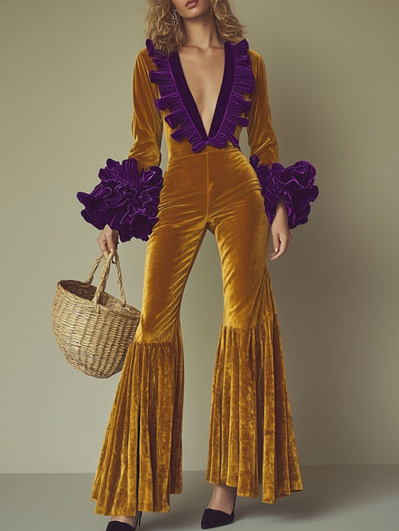 Gold velvet flared sleeve evening jumpsuit for women by FJØRNA, featuring a stylish fit and elegant flared sleeves.