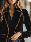 FJØRNA brown velvet colour-block striped blazer with pockets, featuring a stylish design and tailored fit for jackets and blazers.