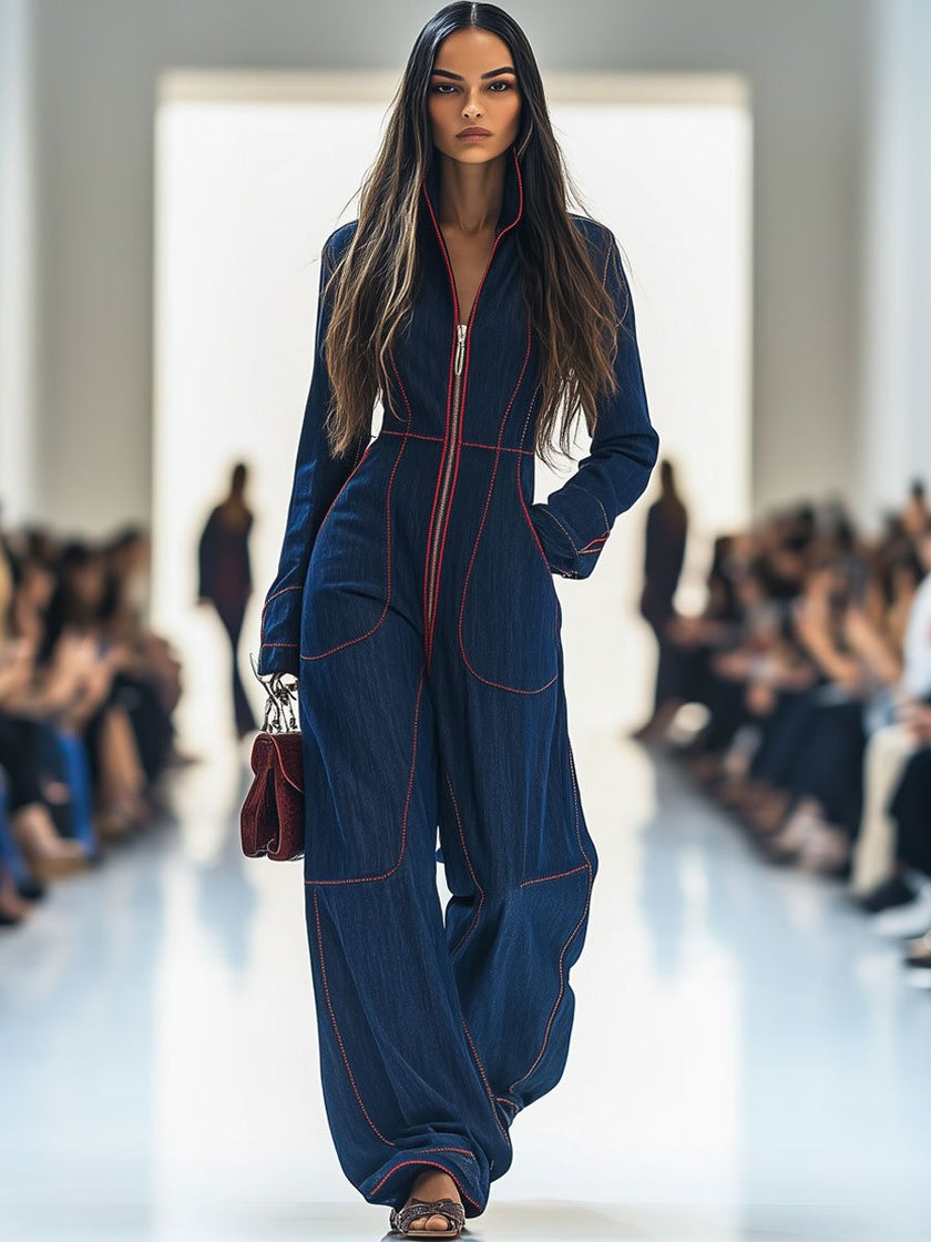 Dark blue FJØRNA denim jumpsuit with topstitching, wide-leg style, long sleeves, and a relaxed fit.