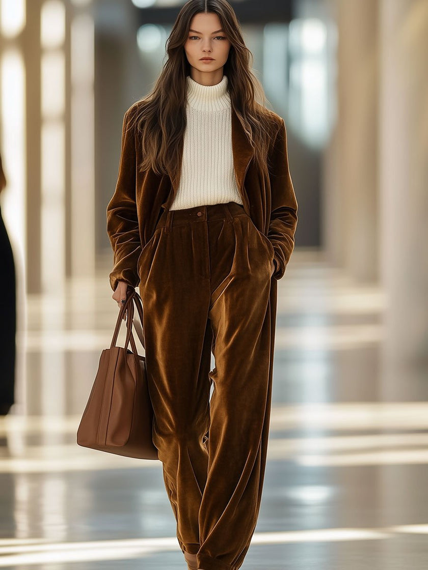 Brown vintage velvet tailored trousers with pockets from FJØRNA, displayed on a white background.