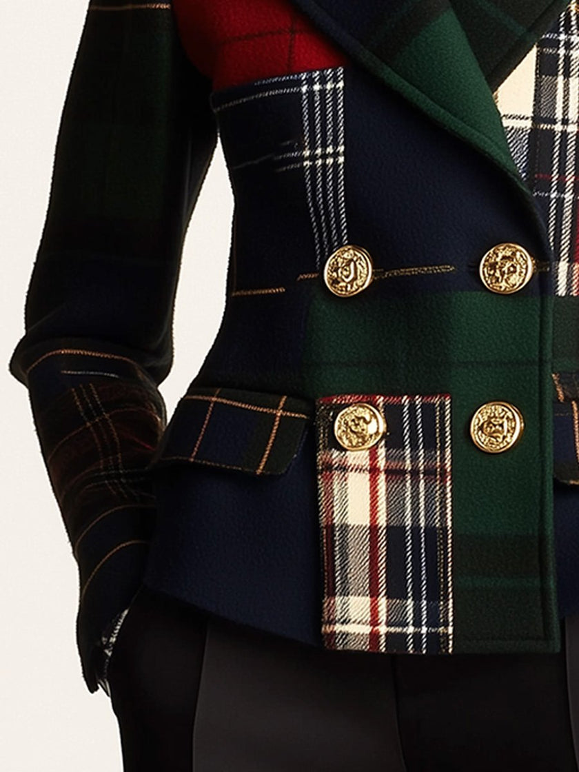 Green plaid double-breasted wool blazer for women by FJØRNA, shown on a hanger with a tailored fit and classic style.