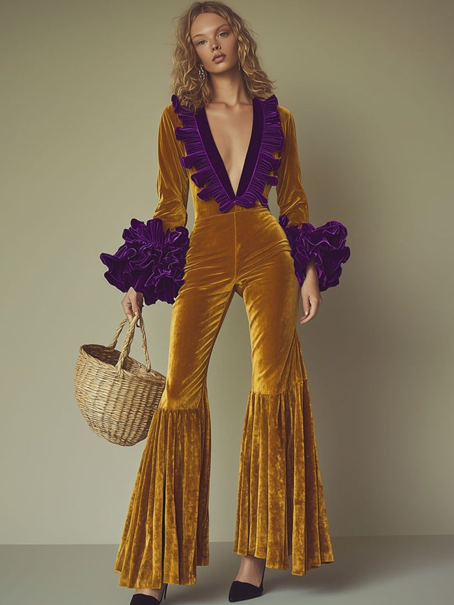 Gold velvet flared sleeve jumpsuit for women by FJØRNA, featuring a fitted bodice and wide-leg pants, perfect for evening wear.