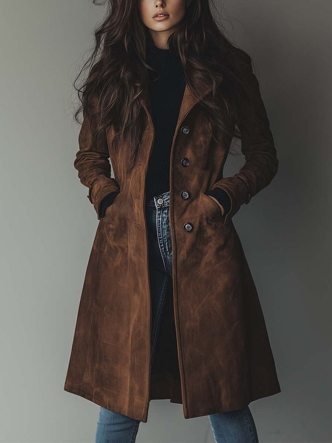 Brown vintage suede trench coat for women by FJØRNA, shown on a model with classic collar and belted waist.