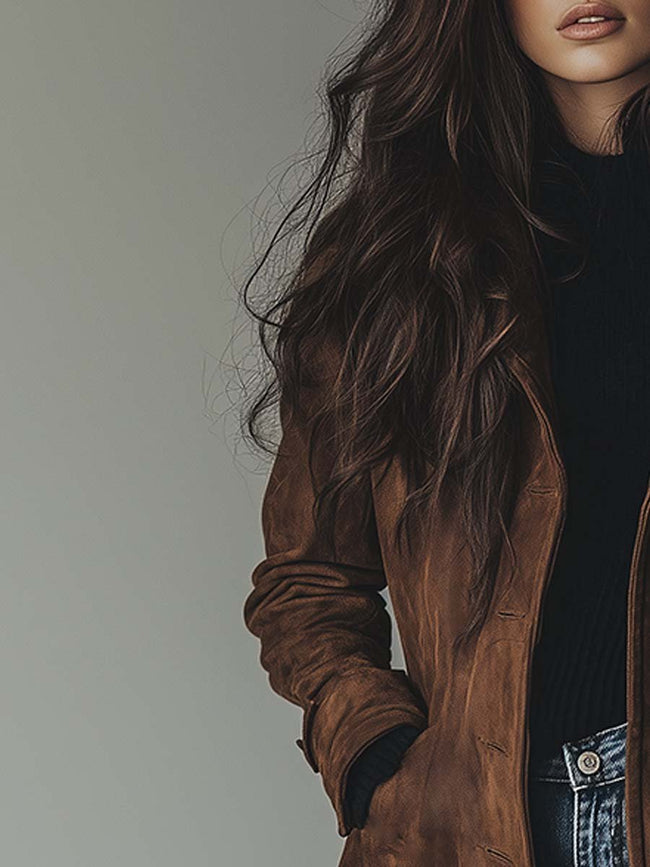Brown vintage suede trench coat for women by FJØRNA, featuring classic design and stylish detailing.