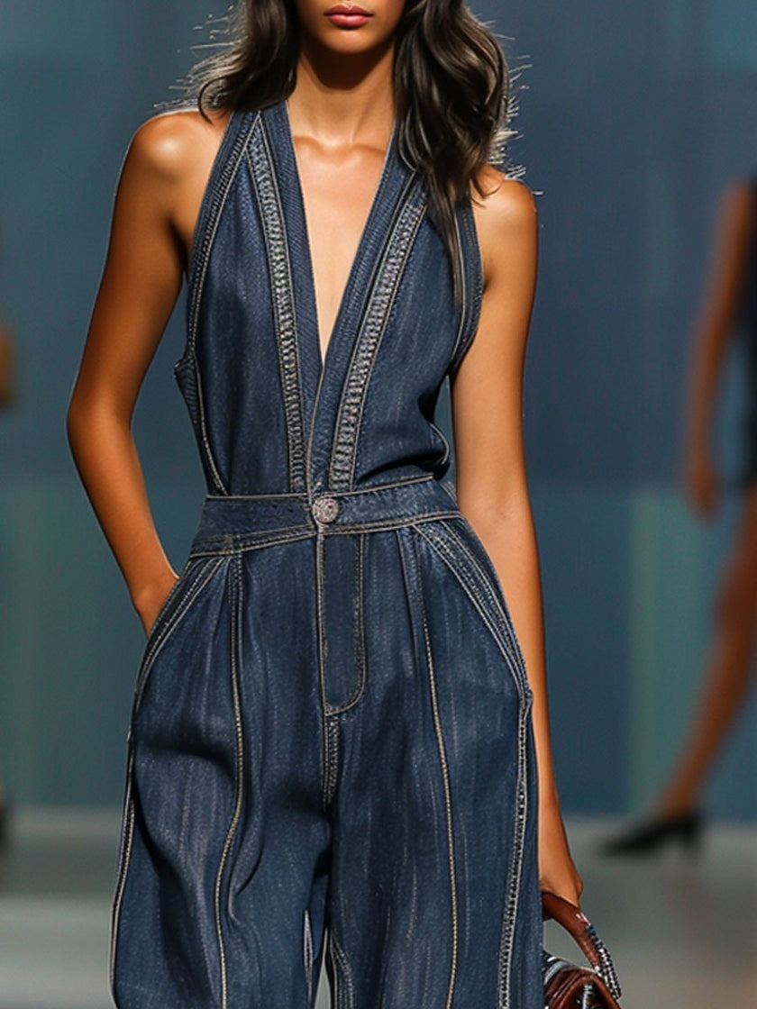 Dark blue denim FJØRNA sleeveless V-neck jumpsuit with wide-leg design, shown on a model with a relaxed fit and casual style.