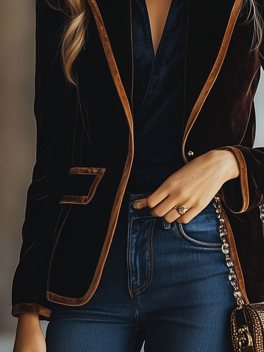 FJØRNA brown velvet color-block striped blazer with pockets, stylish jackets and blazers for a sophisticated look