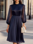 FJØRNA elegant navy chiffon dress for women featuring sheer sleeves and a flowing, stylish design perfect for formal occasions