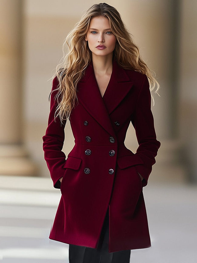 Wine red high-waist wool coat with lapel collar for women, styled with long sleeves and a tailored fit by FJØRNA.