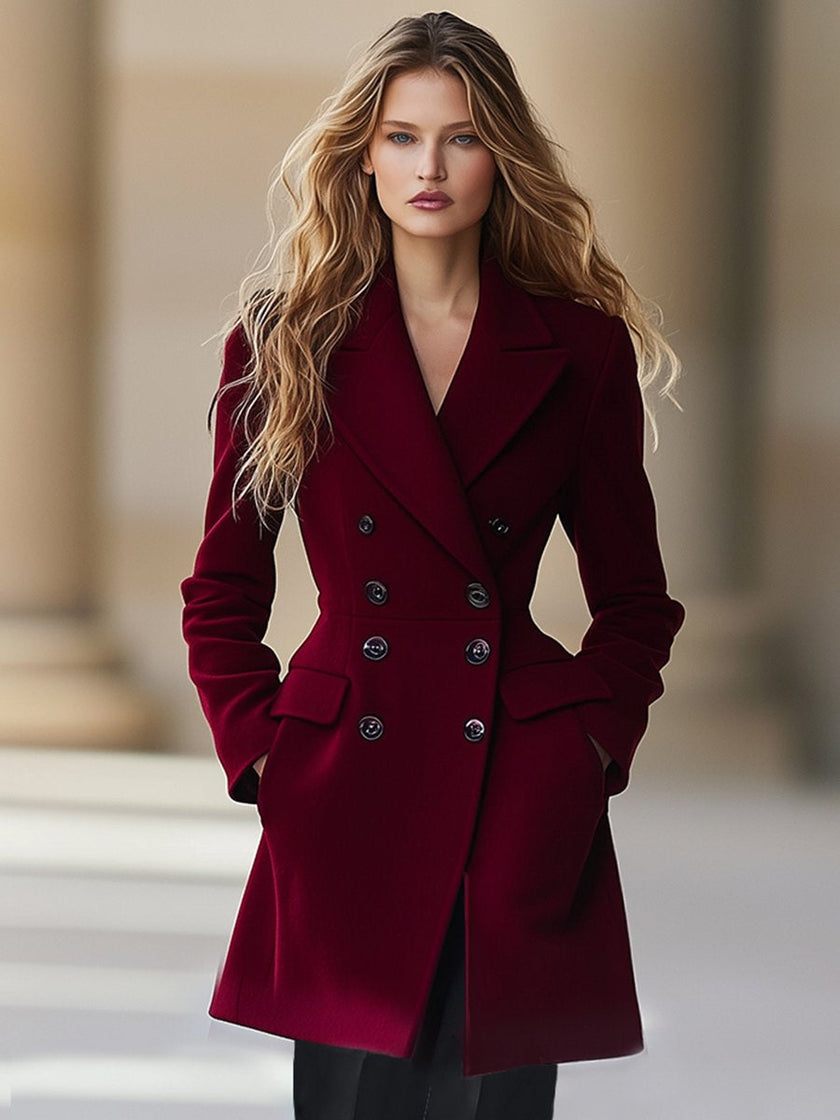 Wine red high-waist wool coat with lapel collar for women, styled with long sleeves and a tailored fit by FJØRNA.