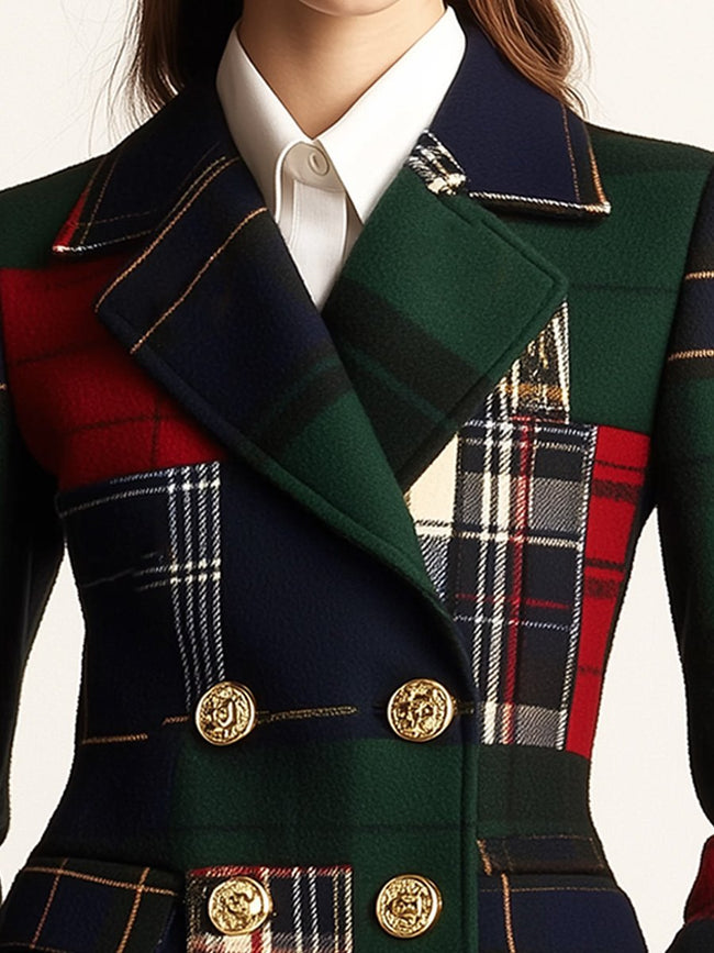 Green plaid double-breasted wool blazer for women by FJØRNA, featuring a tailored fit and classic lapel design.