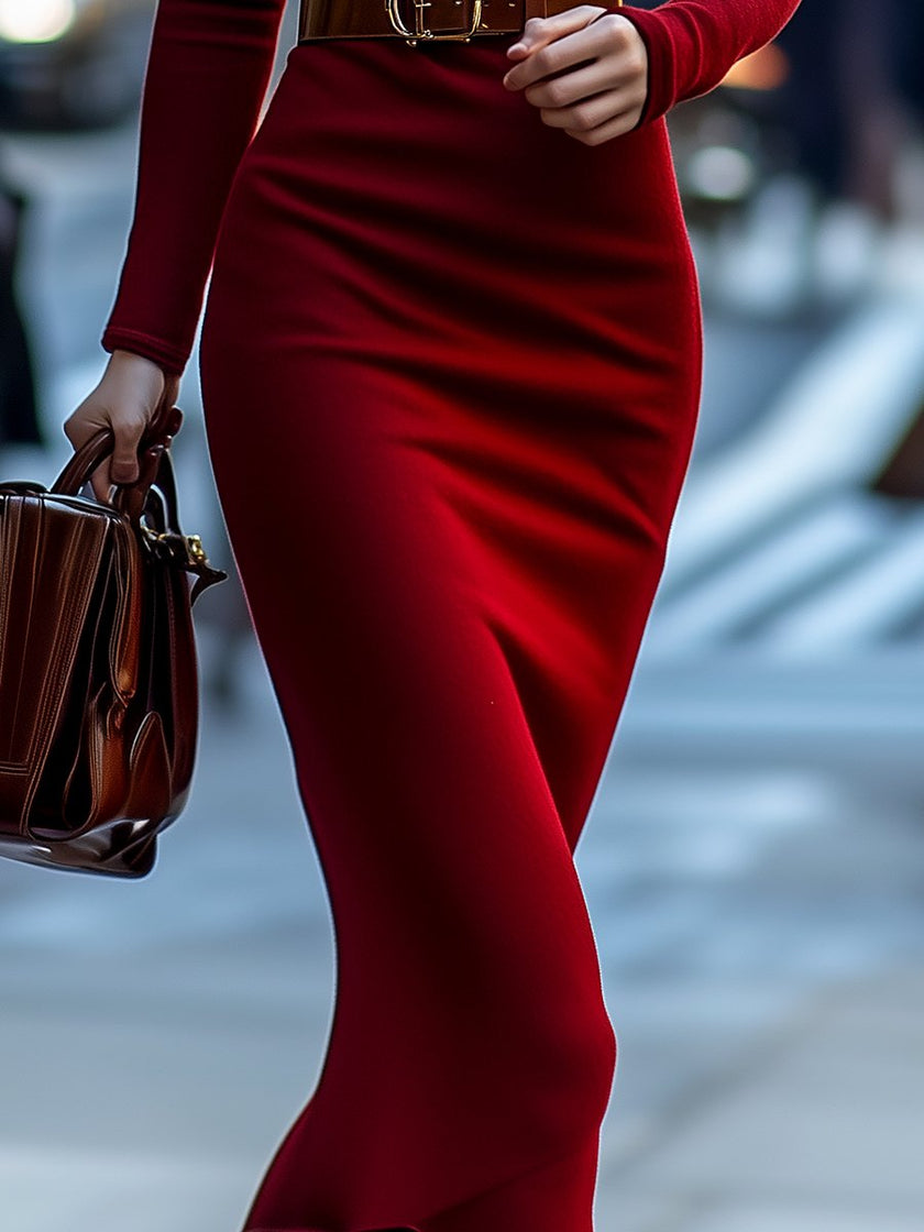 Elegant red FJØRNA turtleneck knit dress for women, showing a fitted, long-sleeve design perfect for stylish winter wear.