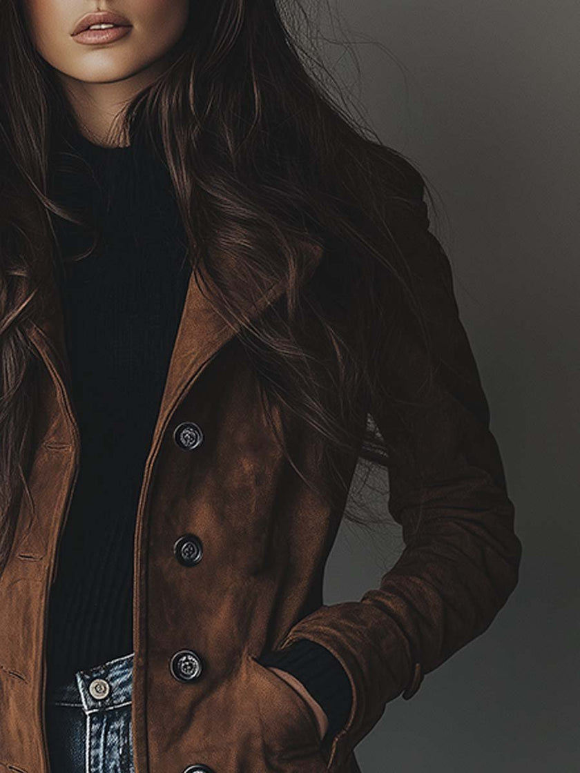 Brown vintage suede trench coat for women by FJØRNA, showing the stylish double-breasted design and classic collar detail.